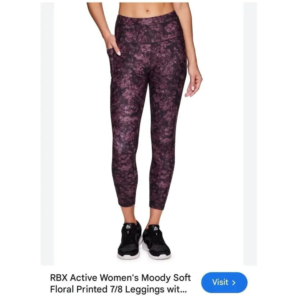 RBX Active Women's, L,‎ Moody Soft Floral Printed 7/8 Leggings 2 outer pockets